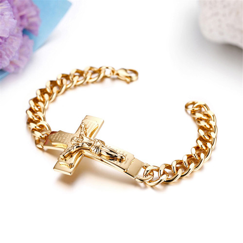 Mens Gold over Stainless Steel Cross Jesus Crucifix Casual Spiritual Bracelet