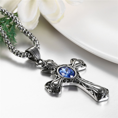 Vintage Styling Stainless Steel Blue Crystal Cross Pendant Chain Necklace