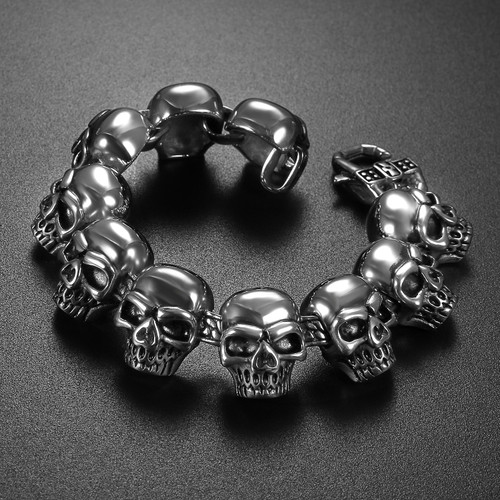 Mens No Fade Stainless Steel Street Wear Skull Head Link Bracelets