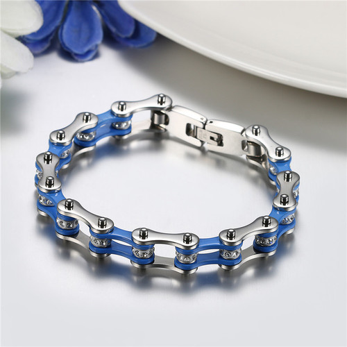 Mens No Fade Blue Silver Stainless Steel Biker Boys Hip Hop Motorcycle Chain Bracelets