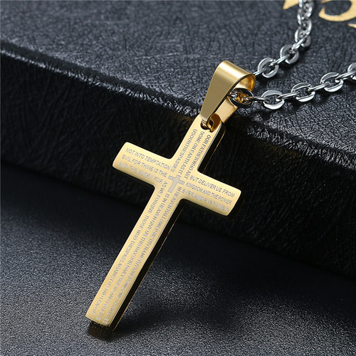 New No Fade Stainless Steel Lords Prayer Cross Pendant Chain Necklace
