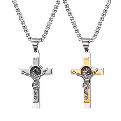 Mens No Fade Stainless Steel Layered Jesus Cross Pendant Chain Necklace