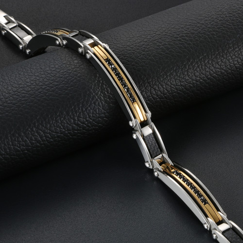Mens Stainless Steel No Fade Carbon Chain Link Cubic Zirconia Bling Bracelets