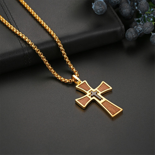 Mens Wooden Stainless Steel Double Cross Crucifix Black silver Gold Pendant Chain Necklace
