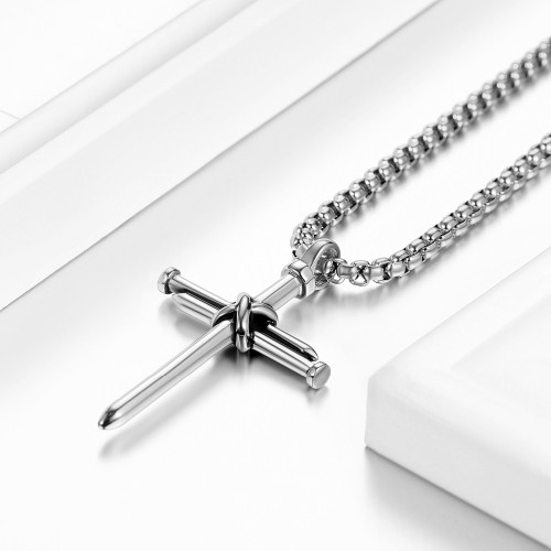 Mens No Fade Stainless Steel Jesus Nail Cross Pendant Chain Necklace