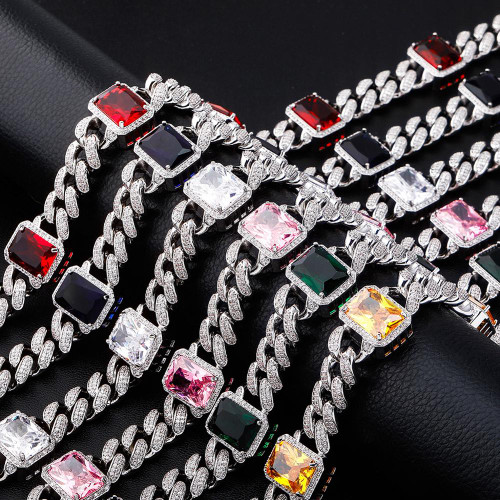 Ladies 13mm Micro Pave 6 Color Gemstone Hip Hop Miami Cuban Link Chain Necklace