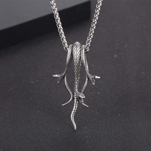 Mens Hip Hop Serpent Snake No Fade Stainless Steel Pendant Chain Necklace