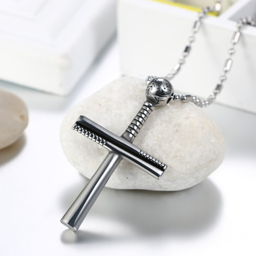 Men's No Fade Stainless Steel Casual Street Wear Baseball Bat Cross Pendant Chain Necklace