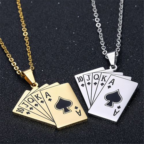 Card Hustler Poker Lucky Flush Gold Silver over No Fade Stainless Steel Pendant Chain