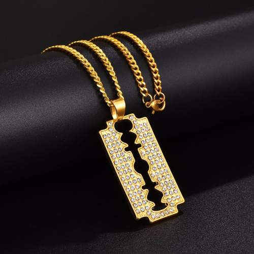 Mens 14k Gold over No Fade Stainless Steel Razor Blade Hip Hop Pendant