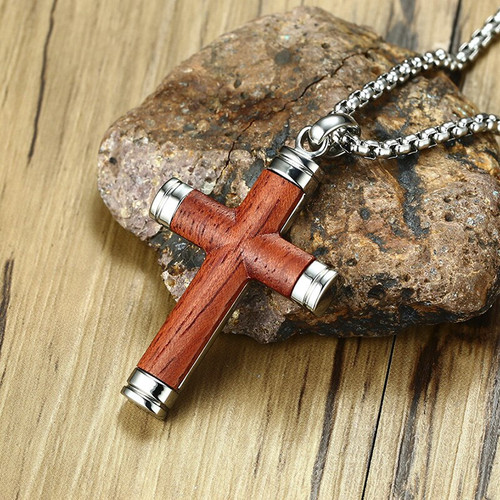 No Fade Stainless Steel Real Rosewood Cross Pendant Chain Necklace