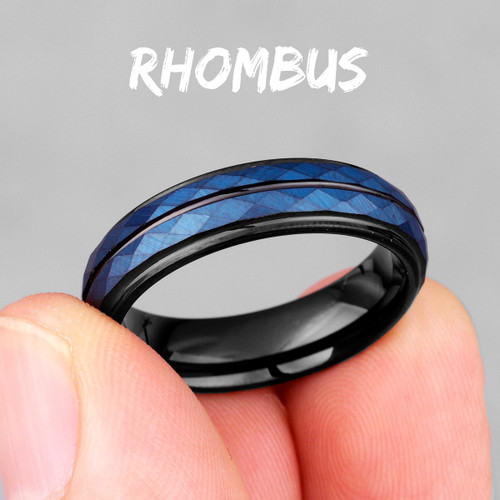 Mens No Fade Gentleman's Tungsten Black Blue Rhombus Luxury Rings