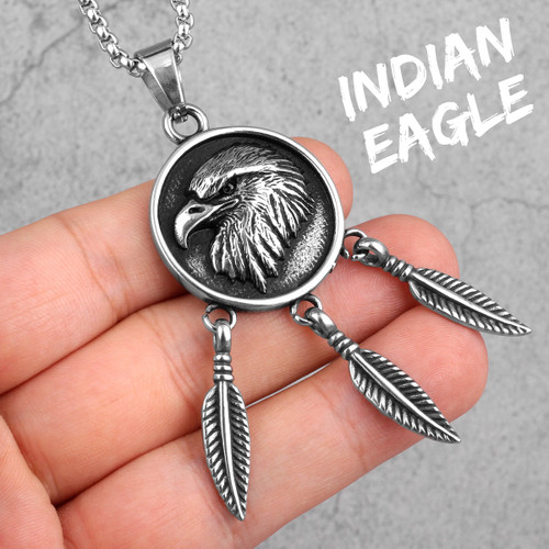 Native Of America Tribal No Fade Stainless Steel Eagle Feathers Pendant Chain Necklace