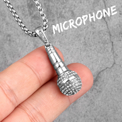 Mens No Fade Stainless Steel Iced Micro Phone Bling Pendant Chain Necklace