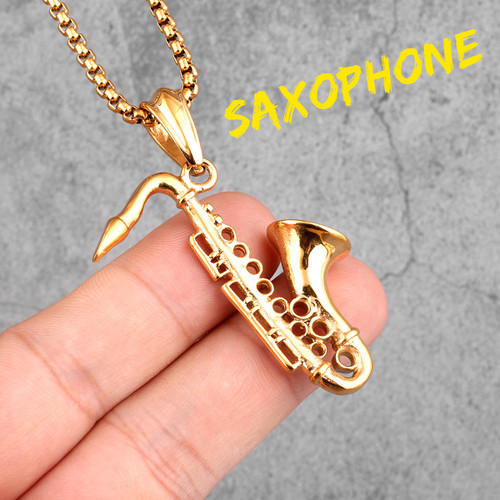 14k Gold Silver Over No Fade Stainless Steel Cool Saxophone Pendant Chain Necklace