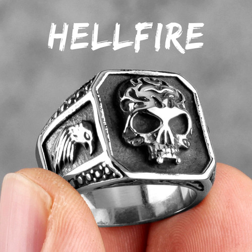 Mens Silver No Fade Stainless Steel Hell Fire Skull Eagle Street Wear Jewelry Rings