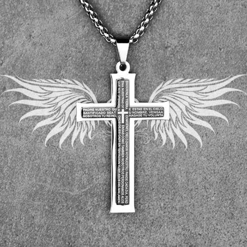 Square Cut Mens No Fade Stainless Steel Spanish Prayer Cross Pendant Chain