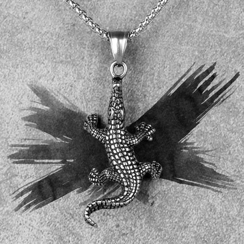 Mens Street Wear No Fade Stainless Steel Crocodile Pendant Chain Necklace