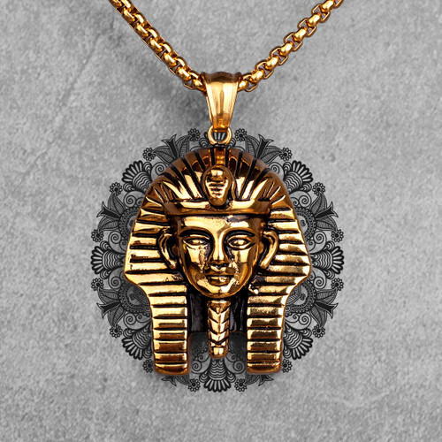 Mens 14k Gold Ancient African Egyptian Pharaoh Hip Hop Pendant Chain Necklace