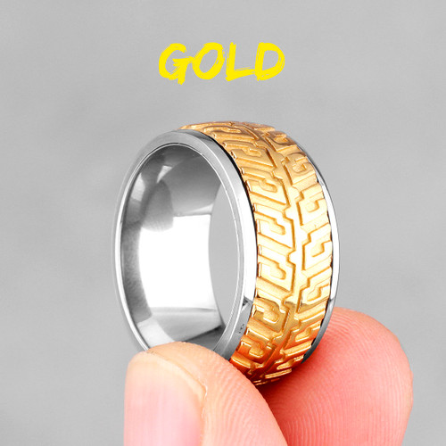 Mens Rotatable Car Tire Tread Black Gold Silver No Fade Stainless Steel Street Wear Rings