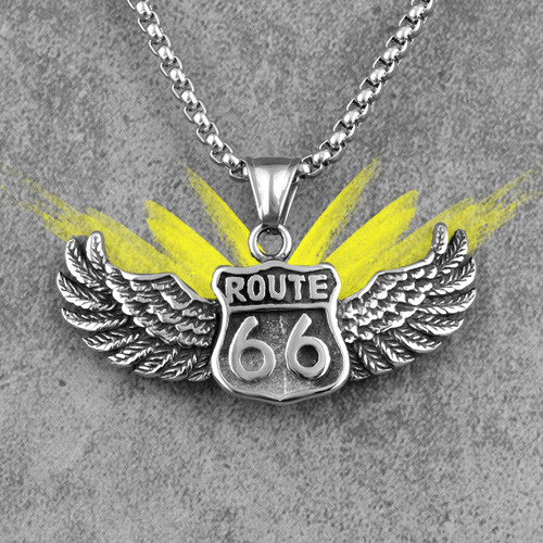 Mens Biker Life Route 66 316L No Fade Stainless Steel Street Wear Pendant Chain Necklace