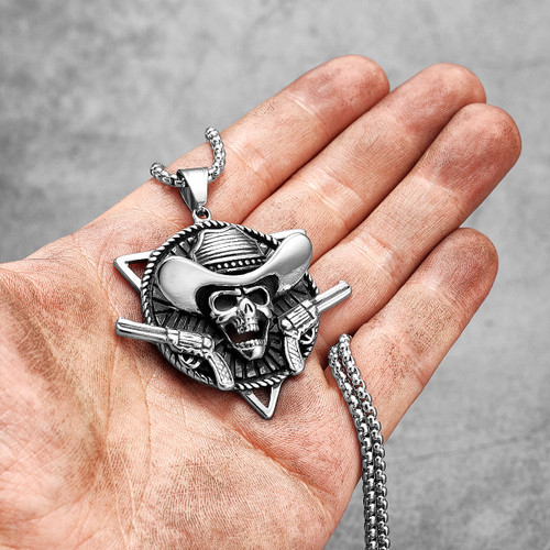Mens Hip Hop 316L No Fade Stainless Steel Skull Cowboy Pendant Chain Necklace
