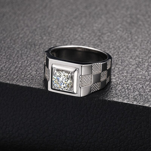 Mens Genuine VVS Lab Diamond Centerstone Rhombus Solid Sterling Silver Hip Hop Rings