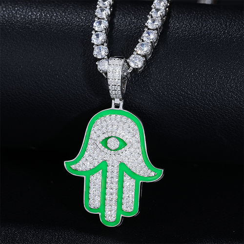 Glow In Dark Ice Genuine VVS Lab Diamond Solid Sterling Silver Hamsa Hand Hip Hop Chain