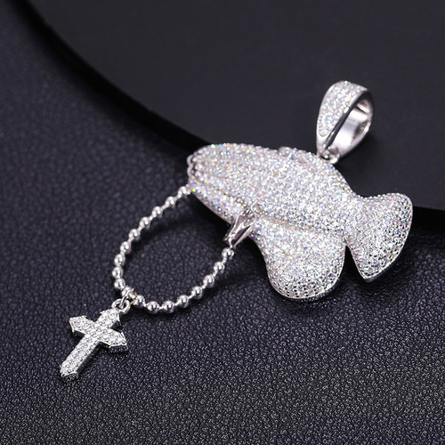 Iced Prayer Hands Rosary Beads Genuine VVS Lab Diamond Solid Sterling Silver Hip Hop Chain