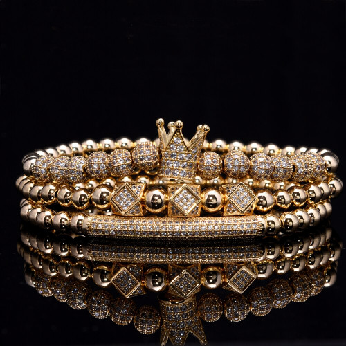 Mens High Fashin 14k Gold Over No Fade Stainless Steel Kings Crown Adjustable 3 Piece Bracelet Set
