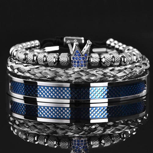 Mens No Fade Stainless Steel 3 Piece Luxury Braided Beaded 316L Bracelet Set