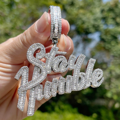 Mens Baguette Iced Prong Set Blinged Out Stay Humble Hip Hop Chain Pendant
