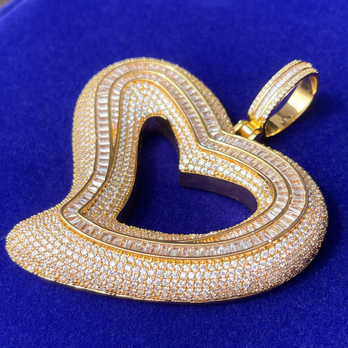 Ladies Big Heart Baguette Stone Prong Set Glam Attention Hip Hop Chain Necklace