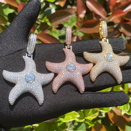 Center Stone Superstar Starfish Flooded Ice Streetwear Hip Hop Pendant Chain Necklaces