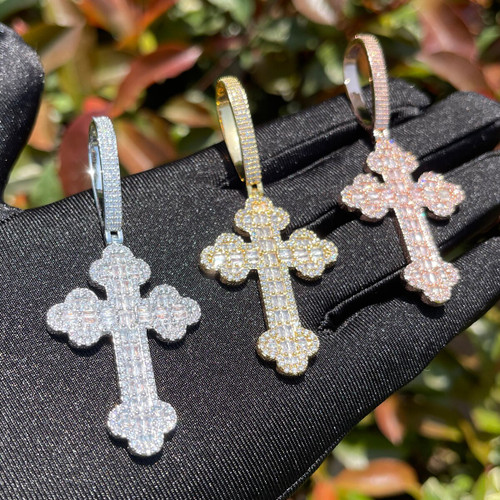 Mens Baguette Iced Blinged Out Clover Cut Hip Hop Cross Pendant Chain Necklace