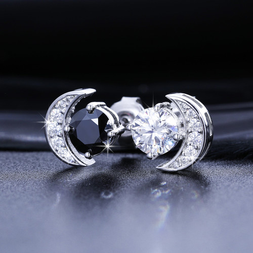 Genuine VVS Diamond Solid Sterling Silver Crescent Moon Stud Black White Bling Stone Earrings