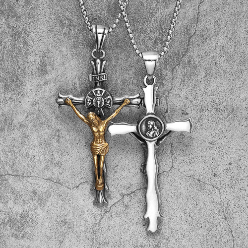 INRI Solid No Fade Solid Stainless Steel Jesus Passion Cross Pendant Chain Necklace