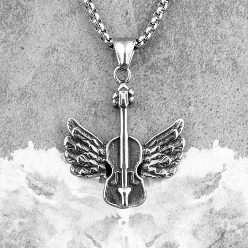 Mens 316L No Fade Stainless Steel Angel Wings Guitar Street Wear Jewelry Pendant