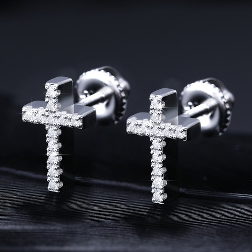Solid 925 Sterling Silver Genuine VVS Diamond Iced Cross Hip Hop Earrings