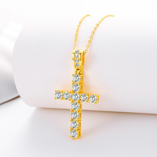 Ladies Solid 925 Sterling Silver VVS Diamond Spiritual Cross Pendant Necklace