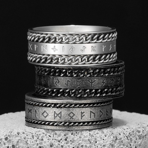 Mens Solid No Fade Stainless Steel Viking Runes Street Wear Unique Rings