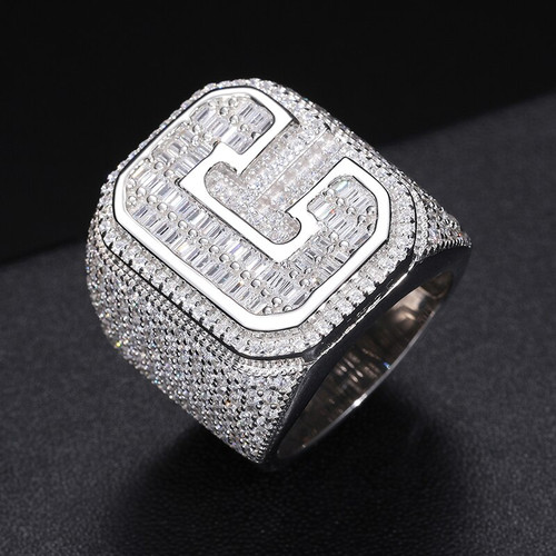 Genuine VVS Diamond Baguette Solid 925 Silver Initial Letter Hip Hop Rings