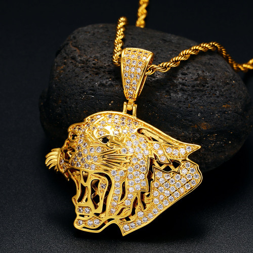Mens Flooded Ice Roaring Tiger 18k 925 Silver Rose Gold Hip Hop Pendant Chain