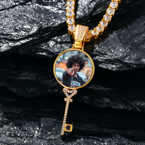 Flooded Iced Blinged Out Key to My Heart Photo Picture Pendant Chain Necklace