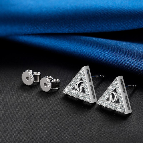Solid 925 Sterling Silver Ancient Triangle Symbol Bling Hip Hop Real VVS Diamond Earrings