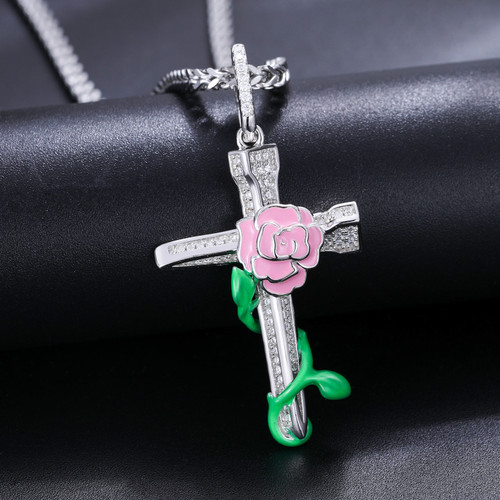 Spiritual Jesus Nail Cross Genuine VVS Diamond Solid Sterling Silver Glowing Rose Chain Necklace