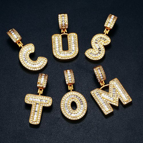 Flooded Ice 18k Gold 925 Silver Baguette Letter Hip Hop Initial Letter Pendant Necklaces