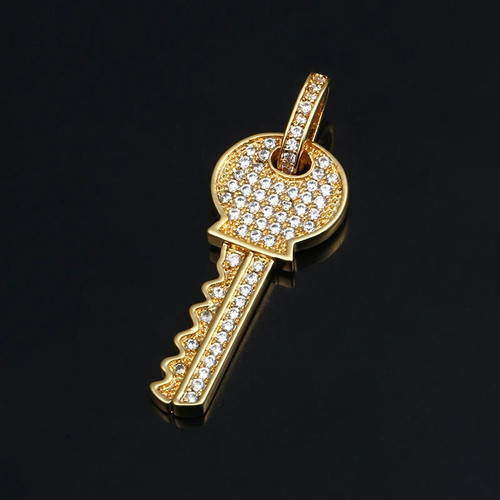 Cluster Stone Prong Set 18k Gold Iced Blinged Out Key Pendant Necklace