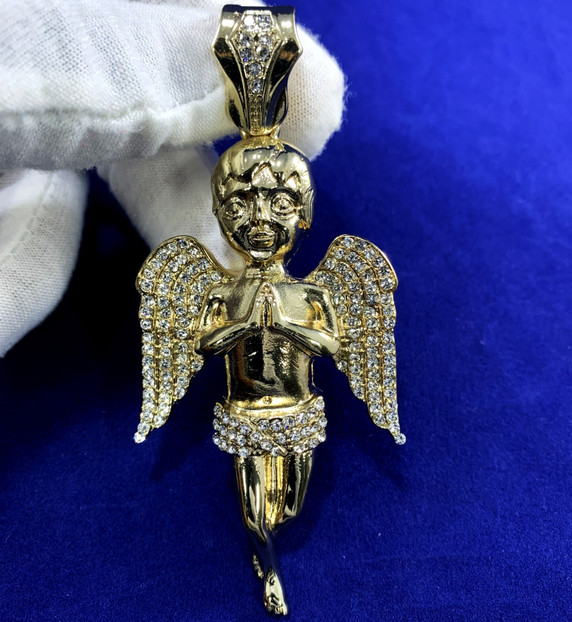 Hip Hop Large Simulated Diamond 14k Gold Praying Angel of Protection Pendant  