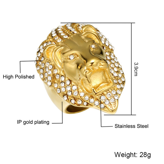 The Alpha Male Flooded Ice Lion Head 14k Gold Titanium Stainless Steel Ring
